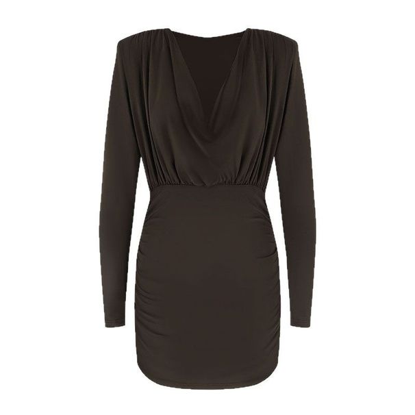 New European And American Style V-neck Sexy Fashion Long-sleeve Solid Color High-waisted Pleated Bodycon Dress,_ecoleips.com