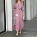 Spring Women's Commute Dress With Pure Color Waistband, Long Sleeve, Deep V-Neck Collar_ecoleips.com