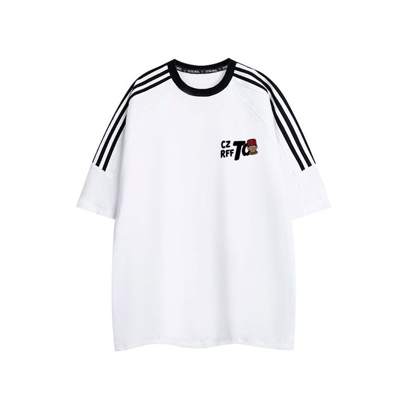 Women's Heavyweight Pure Cotton T-Shirt Loose Fitting Striped Short Sleeved Top Cartoon American Print New Summer_ecoleips.com