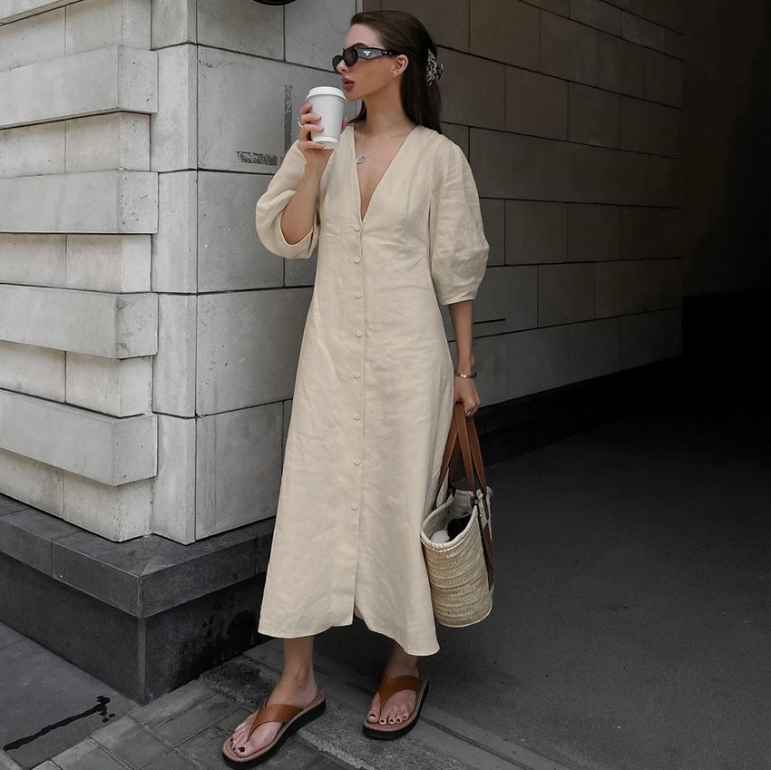 Women's Clothing Ins Simple Linen V Neck Puff Sleeve Backless Lace Up Dress Spring And Autumn_ecoleips.com