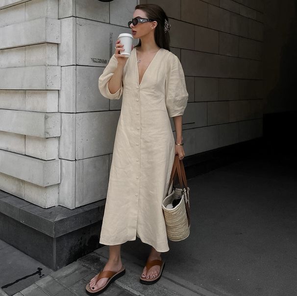 Women's Clothing Ins Simple Linen V Neck Puff Sleeve Backless Lace Up Dress Spring And Autumn_ecoleips.com