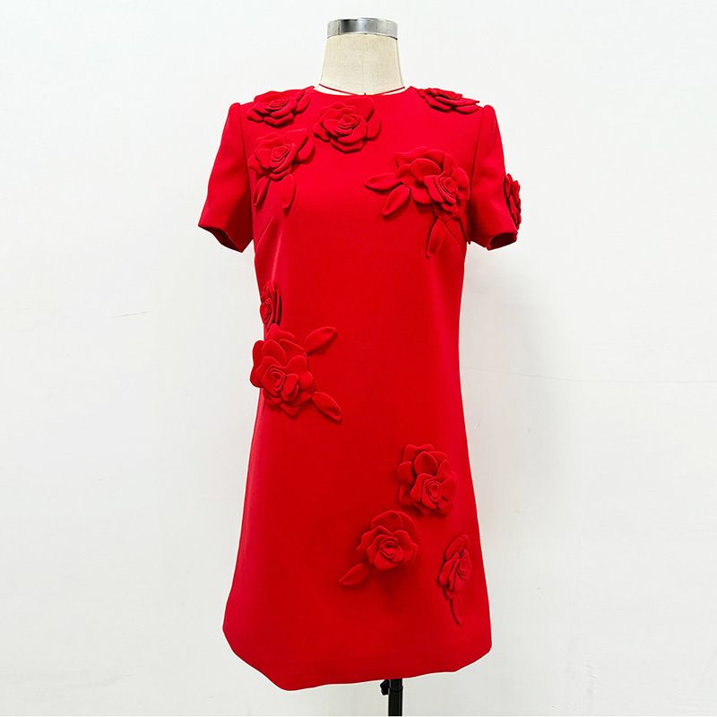 K New Fashion Heavy Industry 3D Flower Short Sleeved Dress Small Dress_ecoleips.com