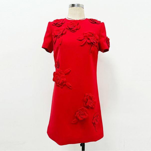 K New Fashion Heavy Industry 3D Flower Short Sleeved Dress Small Dress_ecoleips.com