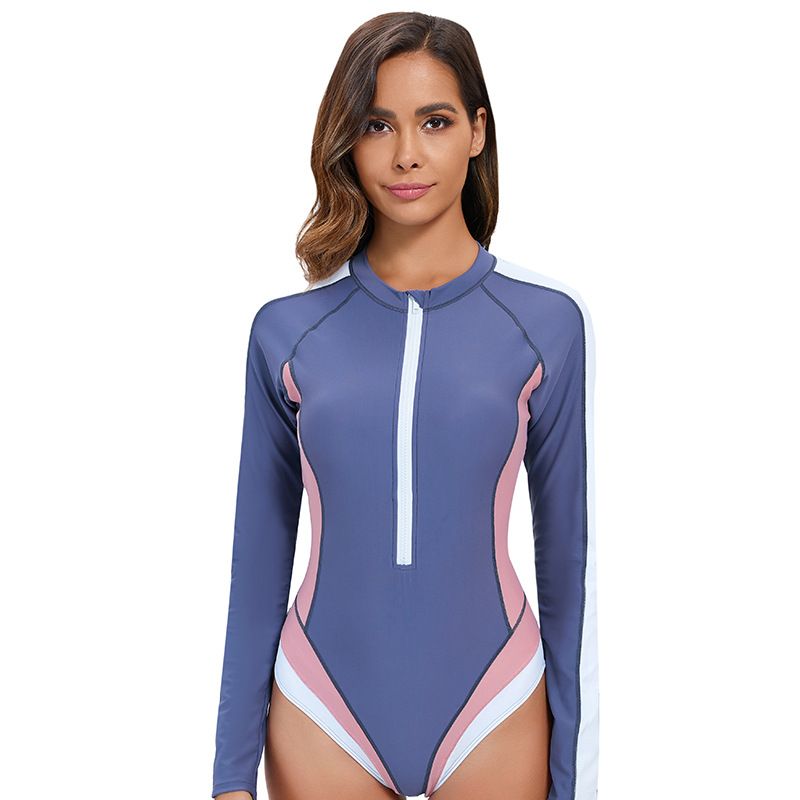 Women's Long Sleeve One-Piece Swimsuit Color Block UPF Sun Protective Swimwear Conservative Design_ecoleips.com
