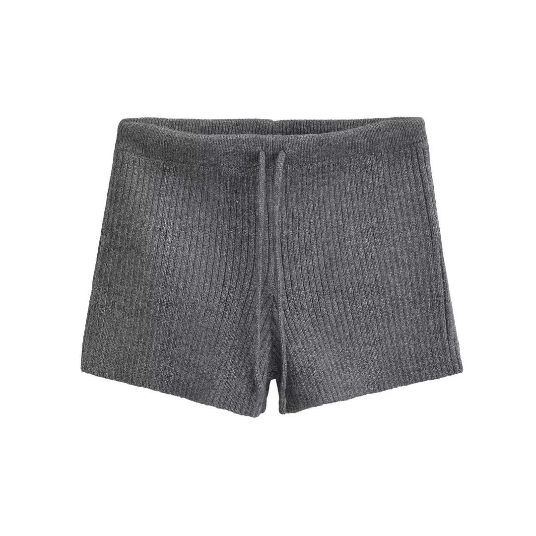 Aria Basics Aria Basics European American Style Elastic Waist Stretchy Bodycon Knitted Shorts, Autumn And Winter Ribbed Slim-fit Solid Color_ecoleips.com
