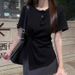 Summer 2026 Cotton Slim Looking Belly Covering Waist-Tight T-Shirt Women's Design Irregular Knotted Short-Sleeved Top_ecoleips.com