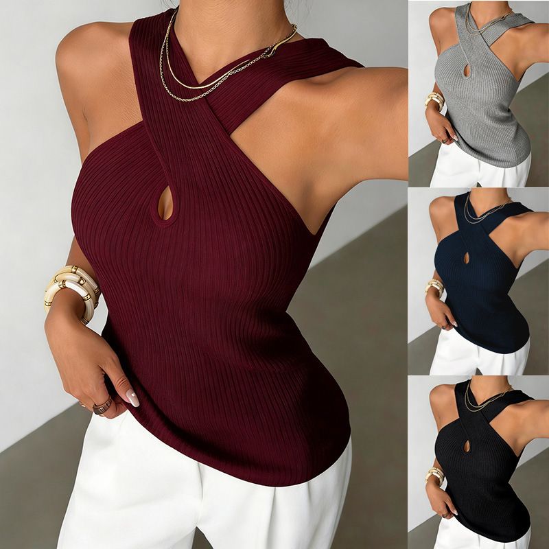Women's Sexy Cross Neck Ribbed Vest Sleeveless Top European And American Style Summer Design Export Fashion_ecoleips.com