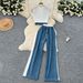 Women's Clothing In Summer Fashionable Contrast Color Lapel Sleeveless Denim Vest High Waist Wide Leg Straight Pants_ecoleips.com