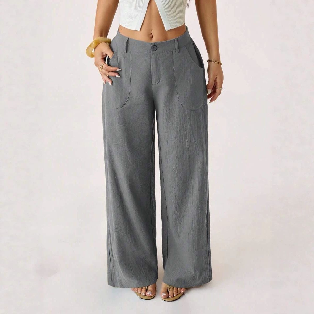 Women's mid Waist Wide Leg Pants Spring 2026 Casual Commuter Cotton Linen Solid Color Long Pants with Pockets_ecoleips.com