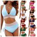 Women's European American Style Two-Piece Swimsuit Sexy Solid Color V-Neck High-Waisted Backless Tight-Fitting Bikini_ecoleips.com