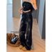 Women's Clothing High-Waisted Wide Leg Straight Jeans Fleece Lined Black Floral Print Rhinestone Detail Floor-Length Autumn/Winter_ecoleips.com