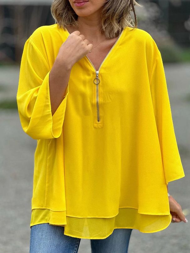Women's Clothing Neck Three Quarter Sleeve Casual Chiffon Top Metal Zipper Loose Casual Top_ecoleips.com