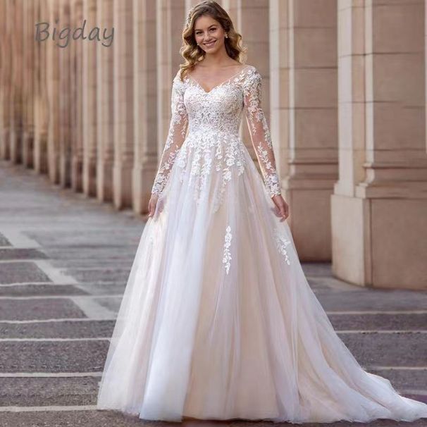 New Trailing Wedding Dress V Neck Long Sleeved Wedding Dress Puffy Skirt High End Light Luxury Wedding Dress_ecoleips.com
