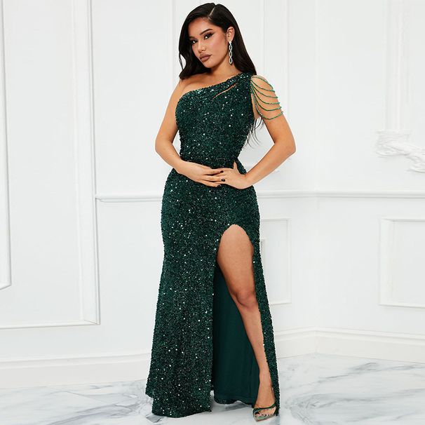 Women’s Clothing sequined one shoulder slit solid color slim temperament dress_ecoleips.com