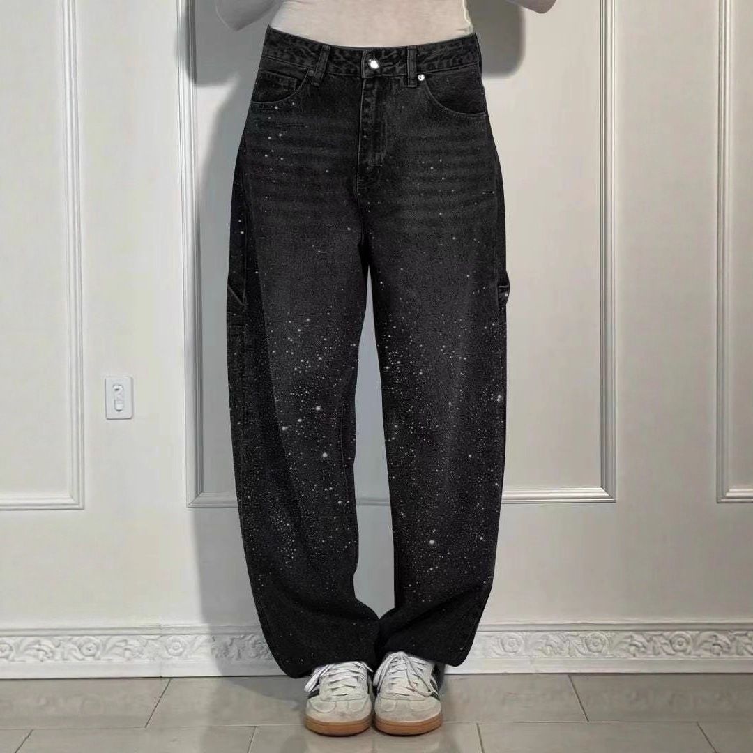 Women's High-Waisted Straight-Leg Rhinestone Jeans, Stretch Denim Pants With Crystal Studs For A Chic Look_ecoleips.com