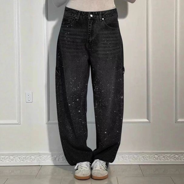 Women's High-Waisted Straight-Leg Rhinestone Jeans, Stretch Denim Pants With Crystal Studs For A Chic Look_ecoleips.com
