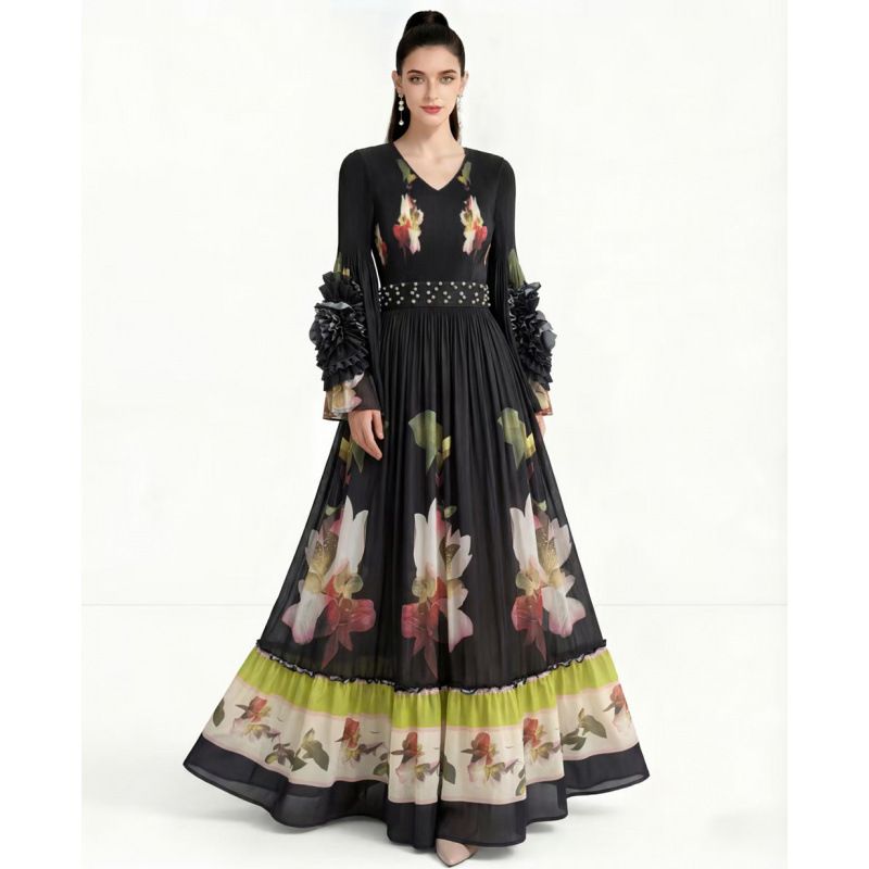Women's Clothing Spring New Retro Women's Floral Print Dress Beaded Design Black Long Skirt Slimming Elegant Style_ecoleips.com