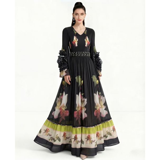 Women's Clothing Spring New Retro Women's Floral Print Dress Beaded Design Black Long Skirt Slimming Elegant Style_ecoleips.com