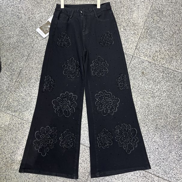 Women's Slimming Stretchy Denim Jeans American Style Floral Rhinestones Wide Leg Straight Leg Fashionable New Spring Design_ecoleips.com