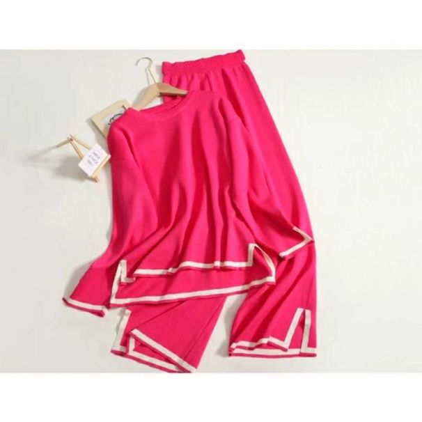 Elegant Color Block Slit Long Sleeve Knit Top with High-Waisted Slimming Wide Leg Pants Women's Two-Piece Set for Autumn_ecoleips.com
