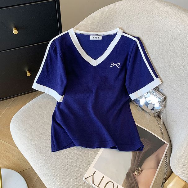 Women's Clothing Summer New Design V Neck Contrast Color Short Sleeved T Shirt Ice Silk Knit Sweater Tops For Women_ecoleips.com