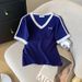 Women's Clothing Summer New Design V Neck Contrast Color Short Sleeved T Shirt Ice Silk Knit Sweater Tops For Women_ecoleips.com