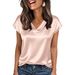 Women's Fashion Satin Top V Neck Short Sleeve Solid Color Spring Summer New Versatile Clothing_ecoleips.com