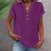 2025 Spring New Women's Solid Color V-neck Button Cotton Linen Short Sleeve Top Shirt_ecoleips.com