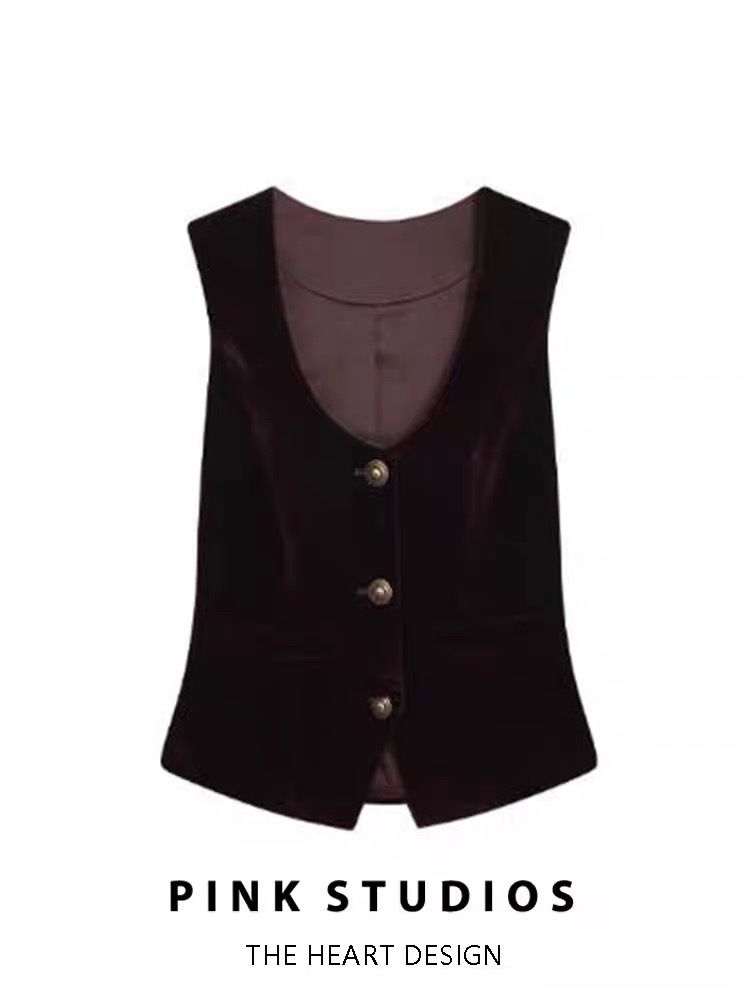 Women's Retro Style Vintage U Neck Velvet Vest Sleeveless Outerwear for Early Autumn Sophisticated Fitted Layered_ecoleips.com