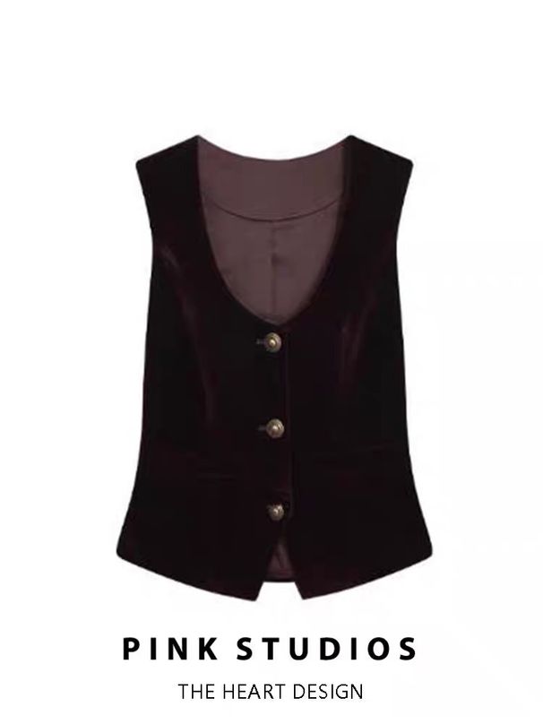 Women's Retro Style Vintage U Neck Velvet Vest Sleeveless Outerwear for Early Autumn Sophisticated Fitted Layered_ecoleips.com