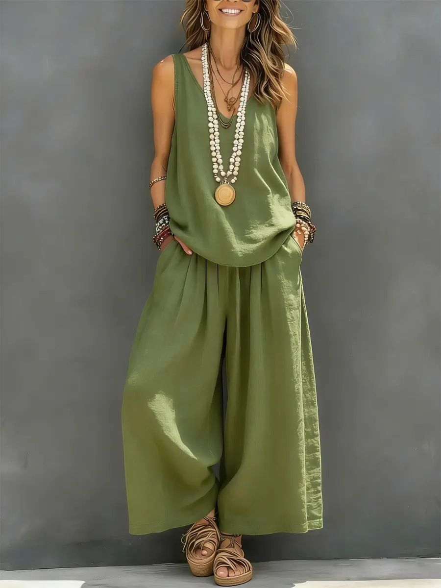 Women's Two Piece Set Wide Leg Pants And Sleeveless Vest Solid Color Spring Summer New Arrival_ecoleips.com