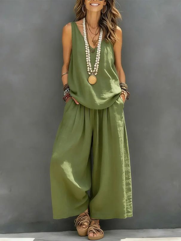 Women's Two Piece Set Wide Leg Pants And Sleeveless Vest Solid Color Spring Summer New Arrival_ecoleips.com