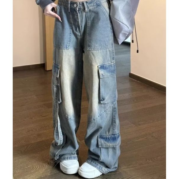 Trendy High Street Cargo Pants Women Multi-pocket 2025 Autumn Washed Y2k Baggy Jeans Women High Waist Wide-leg Denim Trousers_ecoleips.com