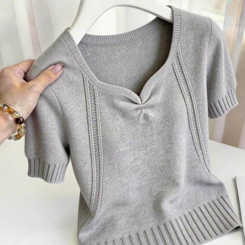 Women's Style V Neck Pleated Herringbone Knit Top Short Sleeve Slim Fit Stylish Summer_ecoleips.com