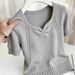 Women's Style V Neck Pleated Herringbone Knit Top Short Sleeve Slim Fit Stylish Summer_ecoleips.com
