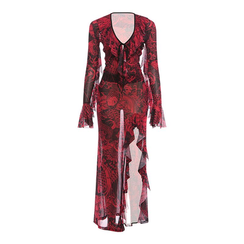 Women's Retro Lace Bell Sleeve Deep V Neck Slightly Sheer High Slit Skirt Set Spring New Clothing Sexy_ecoleips.com
