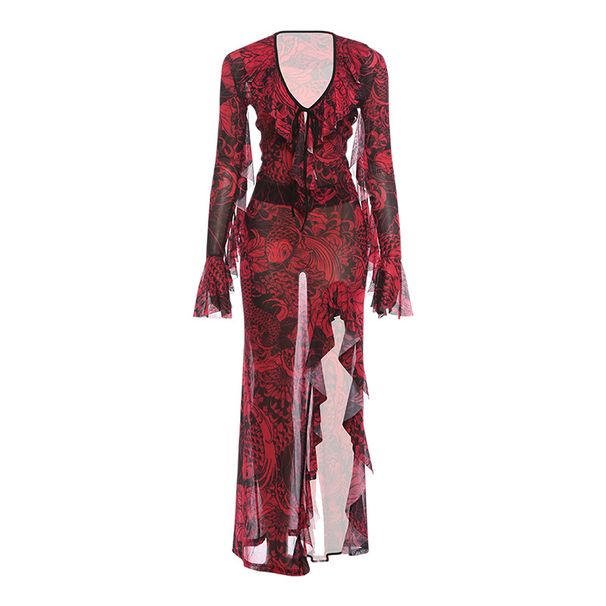 Women's Retro Lace Bell Sleeve Deep V Neck Slightly Sheer High Slit Skirt Set Spring New Clothing Sexy_ecoleips.com