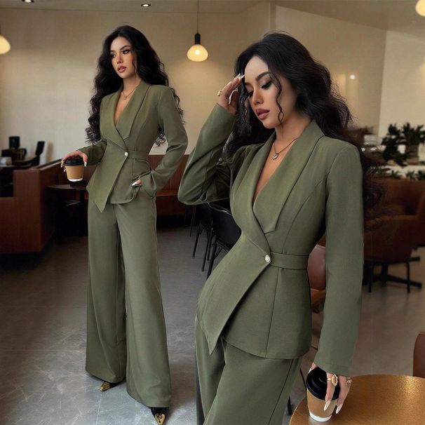 Modern Utility Suit Set - Belt-Button Blazer & Wide-Leg Trousers For Men, Premium Polyester (Military Green/Navy)_ecoleips.com
