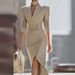 Elegant V-Neck Bodycon Midi Dress For Women | High Waist Slit Hem Office Dress In Khaki Versatile Midi Length_ecoleips.com