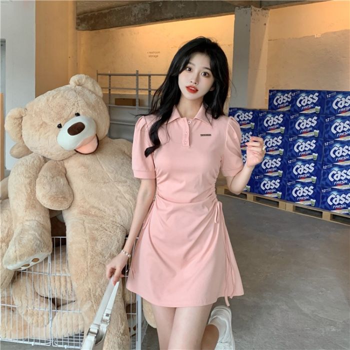 Women's Sweet And Spicy Slim Fit Short Sleeve Polo Collar Dress Button Down Fashion Spring Summer Style Waist Cinching Short Skirt_ecoleips.com