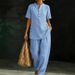 Women's Linen Button-Up Shirt Wide-Leg Pants Set Sky Blue Burgundy Beige Khaki Relaxed Fit Loungewear S-3XL_ecoleips.com