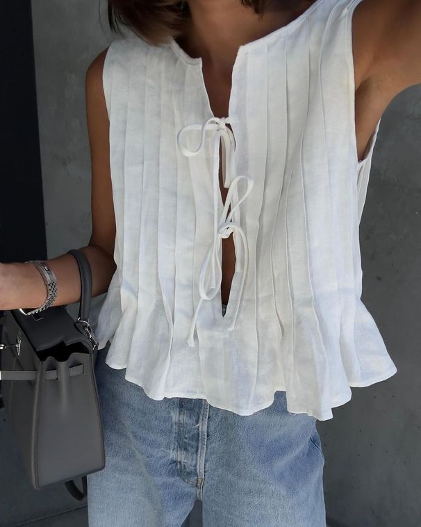 Women's Clothing Summer Y2K Hot Selling Solid Color Cotton And Linen Pleated Strap Women's Shirt_ecoleips.com