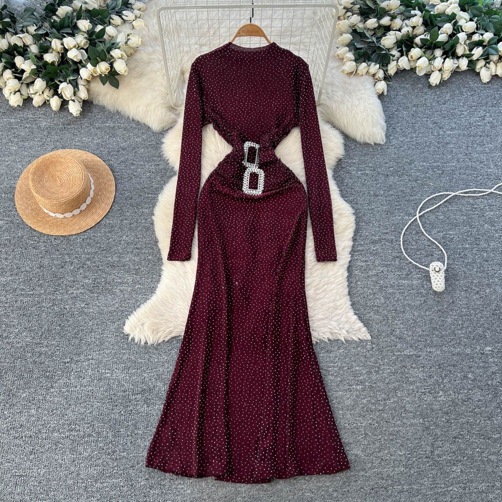 Women's European American Style Long Sleeved Rhinestone Dress Heavy Duty Metal Buckle Waist Cinching Slimming Elegant Autumn Winter Gift_ecoleips.com