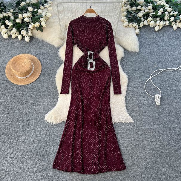 Women's European American Style Long Sleeved Rhinestone Dress Heavy Duty Metal Buckle Waist Cinching Slimming Elegant Autumn Winter Gift_ecoleips.com