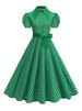 Women's Polka Dot Dress With Bow Belt Short Sleeve High Waist Elegant Retro Printed Fashion Midi Dresses_ecoleips.com