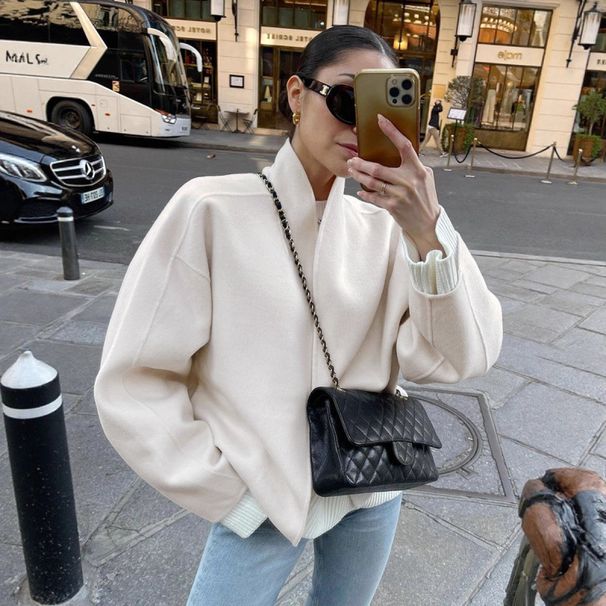 Fashion Apricot Woolen Jacket Women's Fall And Winter Loose V-Neck Jacket Top Women's Clothing Wholesale_ecoleips.com