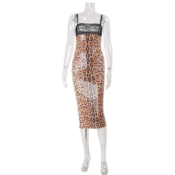 Leopard Print Sequined Evening Gown Lace Trimmed Strapless Long Dress Elegant Fashion_ecoleips.com