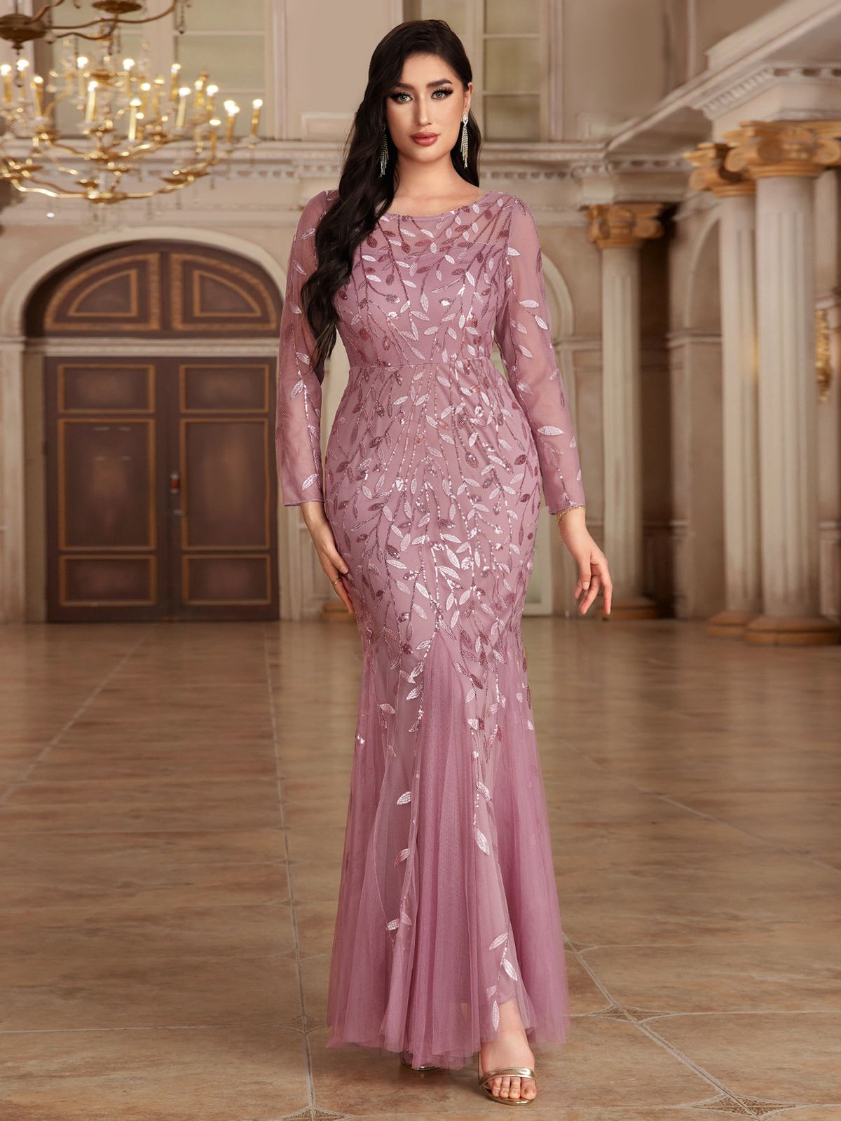Women's Clothing Long Sleeved Round Neck Back Zipper Fishtail Skirt Banquet Evening Dress Female Spot_ecoleips.com