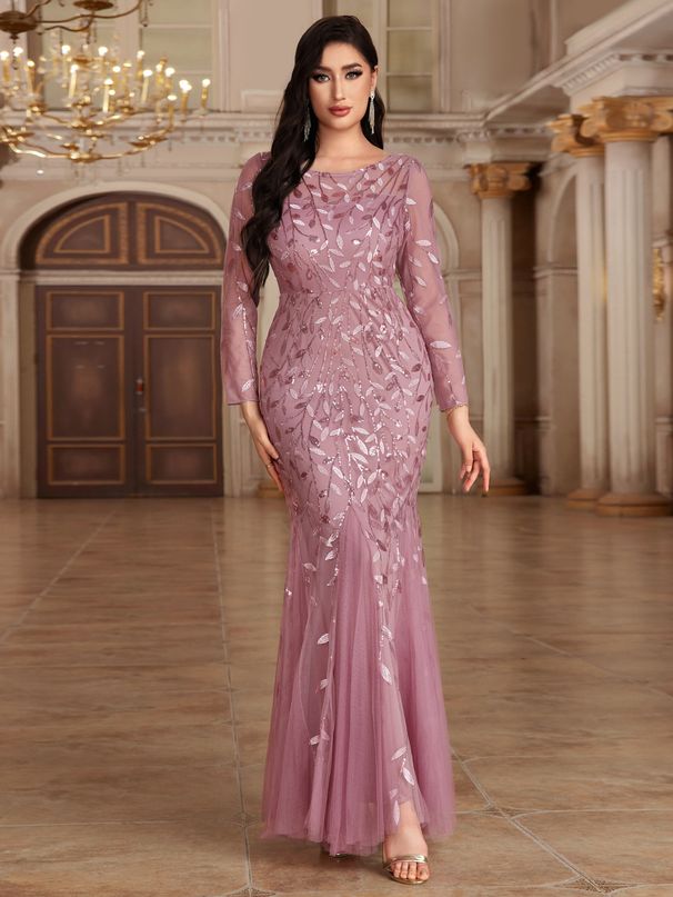 Women's Clothing Long Sleeved Round Neck Back Zipper Fishtail Skirt Banquet Evening Dress Female Spot_ecoleips.com
