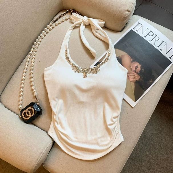 Sexy Hot Girl Rhinestone-embellished Halter Neck Camisole Women, Stylish Summer For Inner Or Outer Wear, Slim Fit,_ecoleips.com